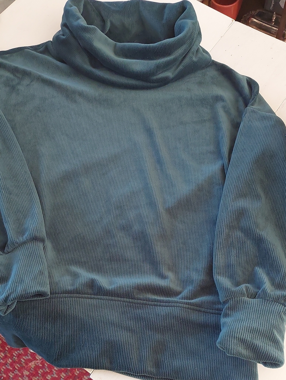 Cable & Gauge Cowl Neck Long Sleeve Top in Teal Blue Large